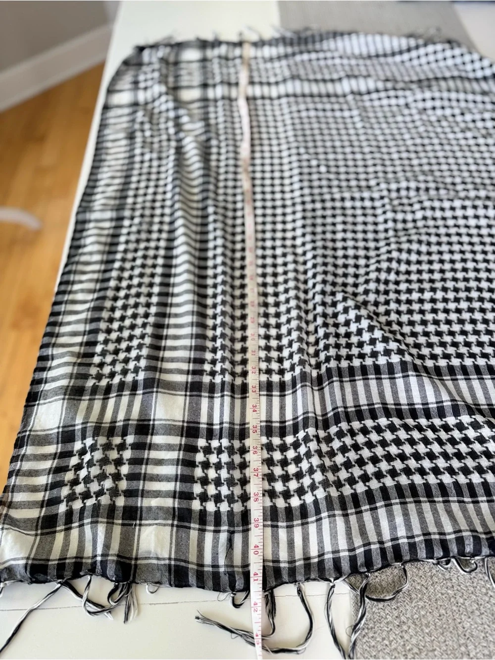 Vintage Black & White Plaid Woven Fringe Large Square Scarf Wrap